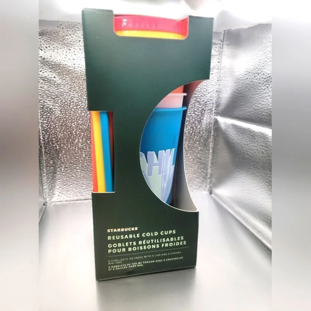 NWT! STARBUCKS⚡ SUMMER 2 RETRO NEON COLORED REUSABLE COLD CUPS 2020 (5) PACK